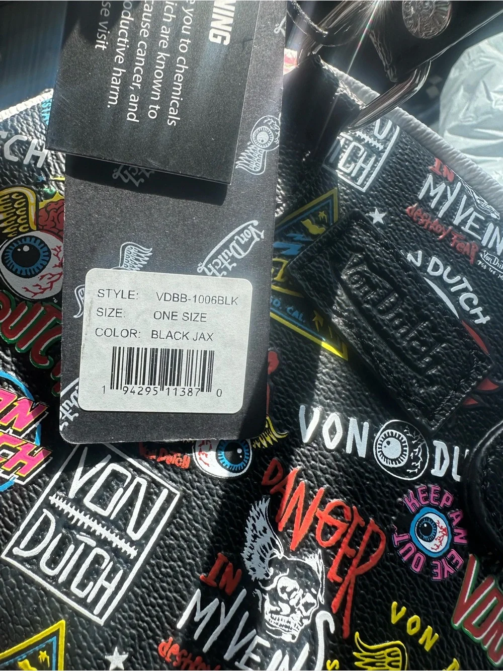 Von Dutch Black Multi-Logo Dome Satchel with Colorful Patches